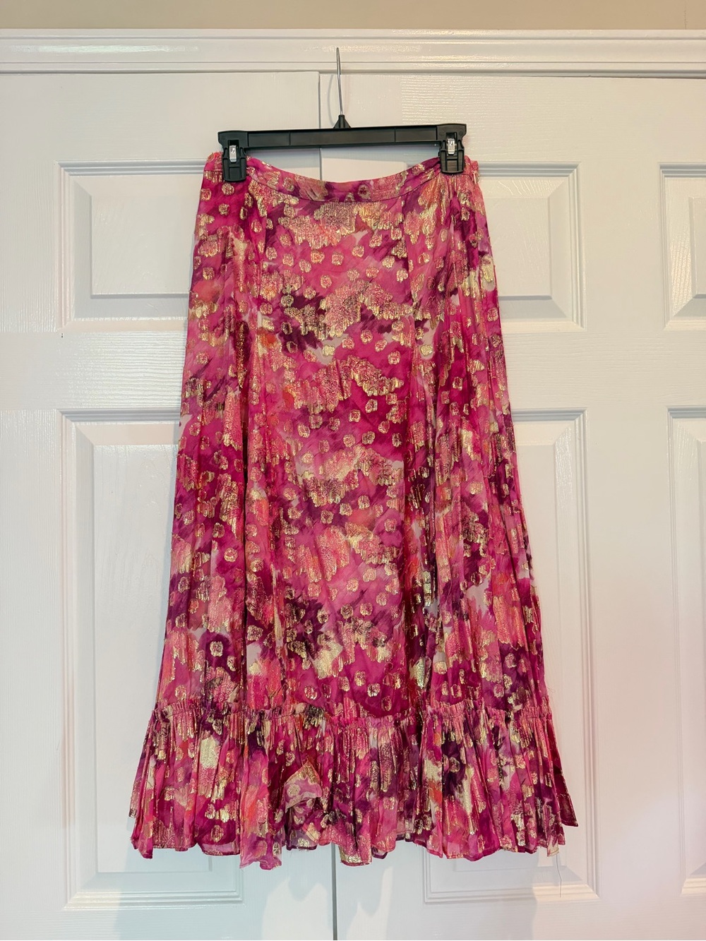 LoveShackFancy Pink Metallic Gold Foil Floral Ruffle Tiered Midi Skirt Size 8